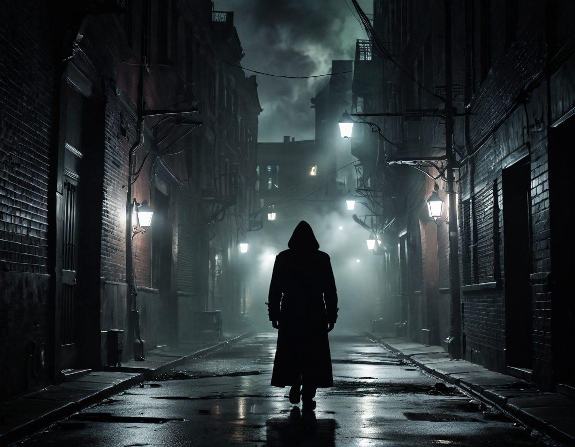 A shadowy figure standing in a misty urban alley, surrounded by flickering street lamps casting eerie glows. Whispers of ghostly urban legends swirl around, represented by faint silhouettes and shadowy creatures emerging from the darkness. The atmosphere is thick with suspense, with a backdrop of crumbling buildings and ominous clouds overhead. The color palette uses deep blacks and muted grays, contrasted by flashes of haunting reds and greens. super-realistic. dark and moody. cinematic.