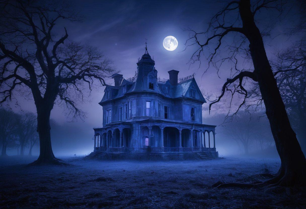 A haunting mist swirls around an old, decrepit mansion under a full moon, with ghostly figures barely visible in the shadows of the windows. Eerie blue and purple hues illuminate the scene, complementing dark, twisted trees in the foreground that seem to lean in closer, creating an atmosphere of dread. Subtle wisps of spectral energy float through the air, hinting at the stories trapped within these walls. The overall composition evokes a sense of mystery and the supernatural, with an old, tattered book of occult symbols lying open on the ground. dark gothic style. ethereal lighting. high contrast.
