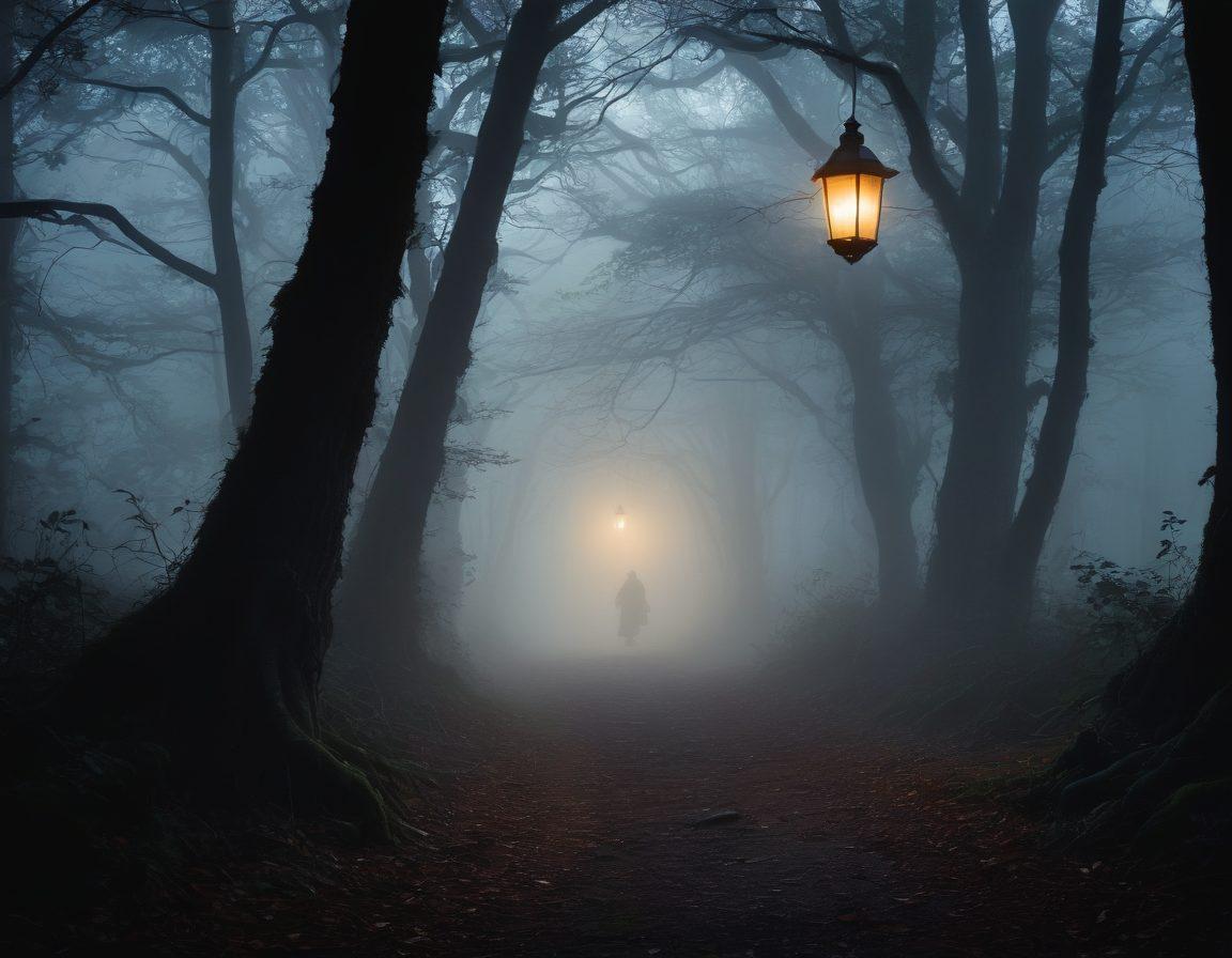 A shadowy, mist-laden forest with gnarled trees looming overhead, hiding ghostly figures that evoke an eerie tension. A dimly lit path leads deeper into the woods, illuminated by the faint glow of a flickering lantern. Sinister silhouettes blend into the mist, suggesting lurking spirits and haunting tales waiting to be discovered. Dark, muted tones are contrasted by the haunting glow of the lantern, creating an unsettling yet captivating atmosphere. super-realistic. dark colors. cinematic.